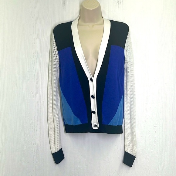 Peter Pilotto - Target Blue Colorblock Long Sleeve Net Cardigan Sweater Small - Picture 3 of 14